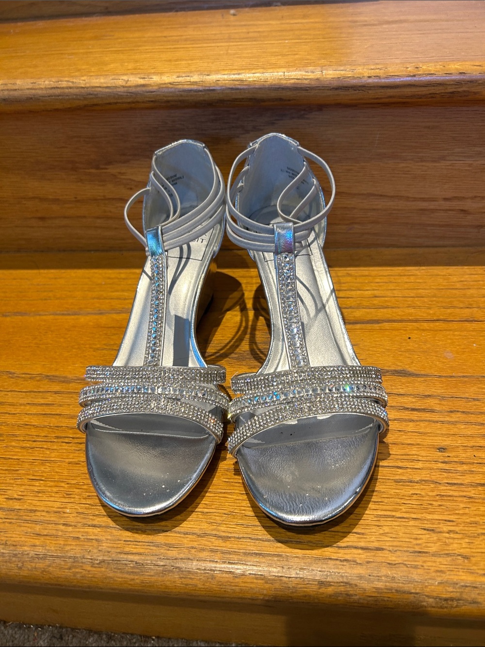 New York Transit Silver Crystal T-Strap Heel Sandals